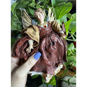 Vintage Paper Mache Angel Figure Fabric Robe Gold Wings Christmas Decor Ornament